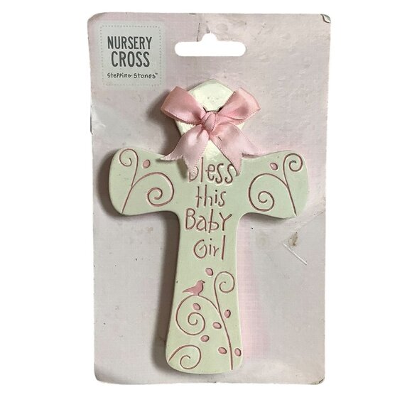Bless This Baby Girl Nursery Cross By C.R. Gibson Pink Ribbon Hanger NEW - Picture 1 of 4